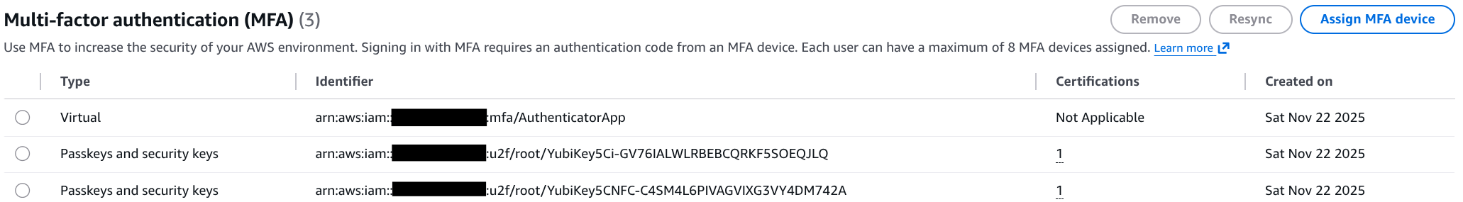 AWS IAM console showing the root user's three enrolled MFA devices — a virtual authenticator app and two FIDO2 YubiKey security keys — with the account ID blacked out in each device ARN.
