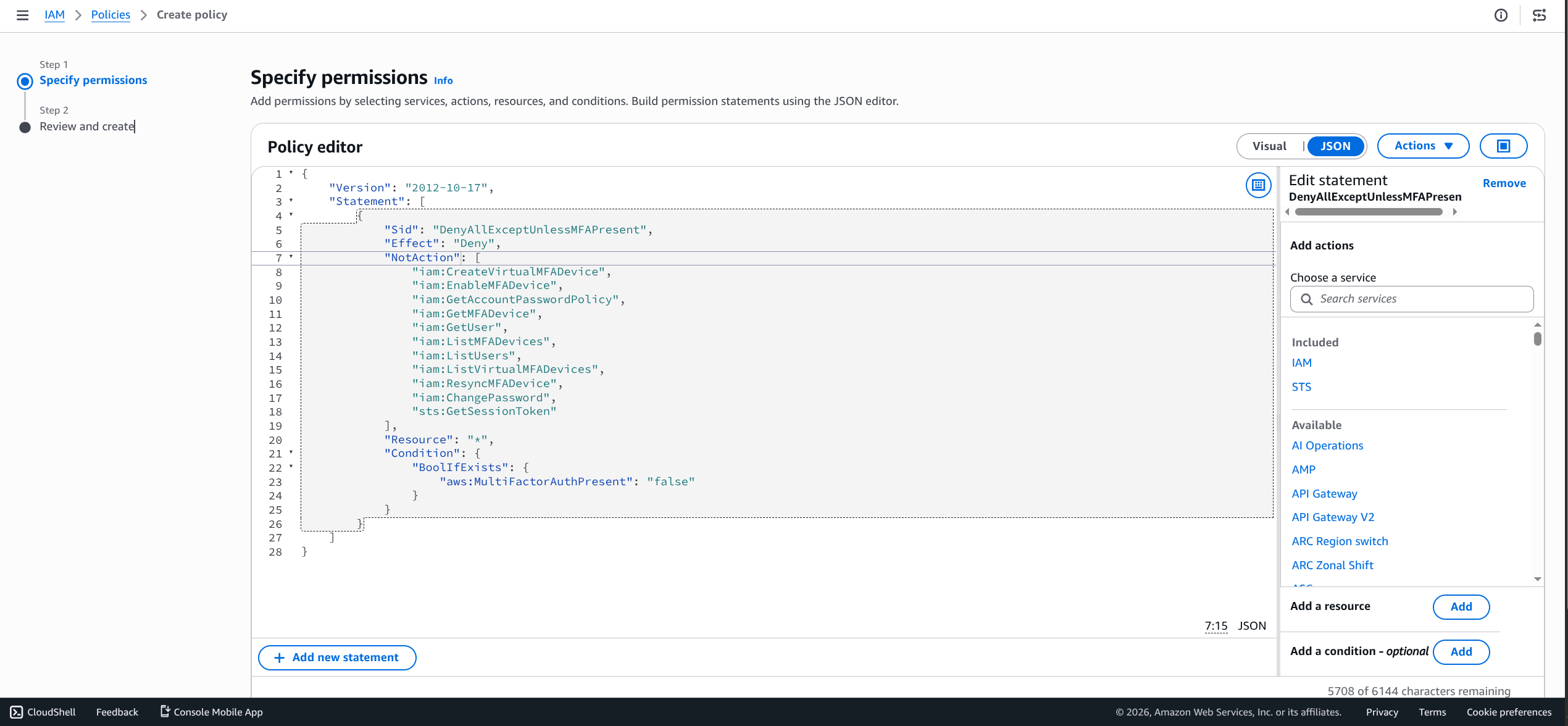 AWS IAM policy editor in JSON view showing the RequireMFA policy — a Deny statement over a NotAction list, with the aws:MultiFactorAuthPresent condition using the BoolIfExists operator.
