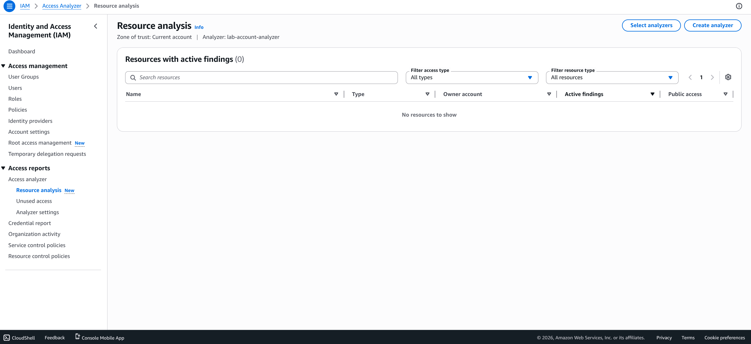 AWS IAM Access Analyzer resource-analysis page showing the lab-account-analyzer with a "Current account" zone of trust and zero active findings.