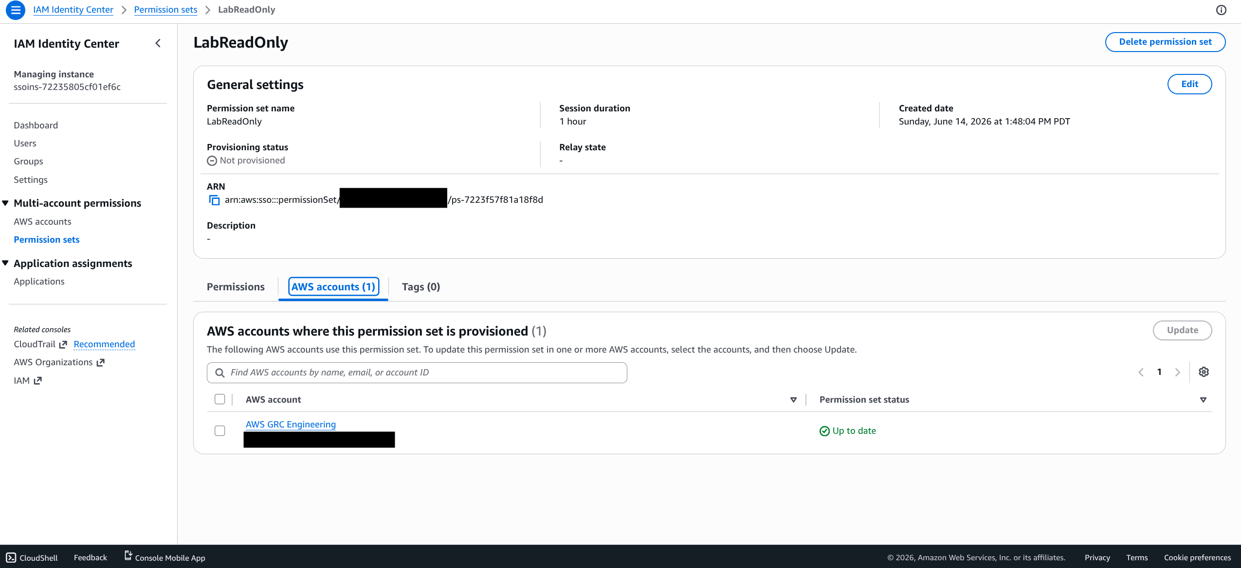 AWS IAM Identity Center page for the LabReadOnly permission set, AWS accounts tab, showing it provisioned to the AWS GRC Engineering account with the account ID and email blacked out in the account row.
