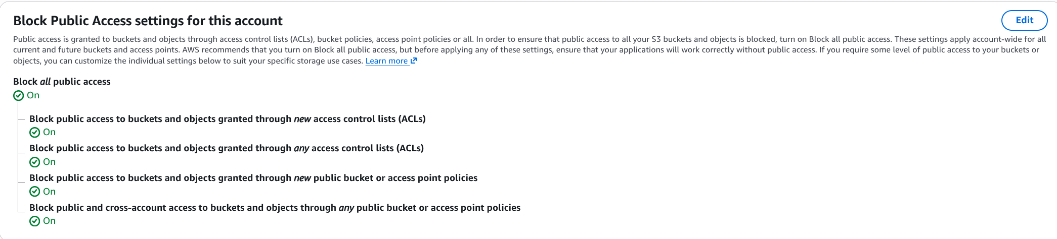 AWS S3 account and organization settings page showing all four Block Public Access flags On.