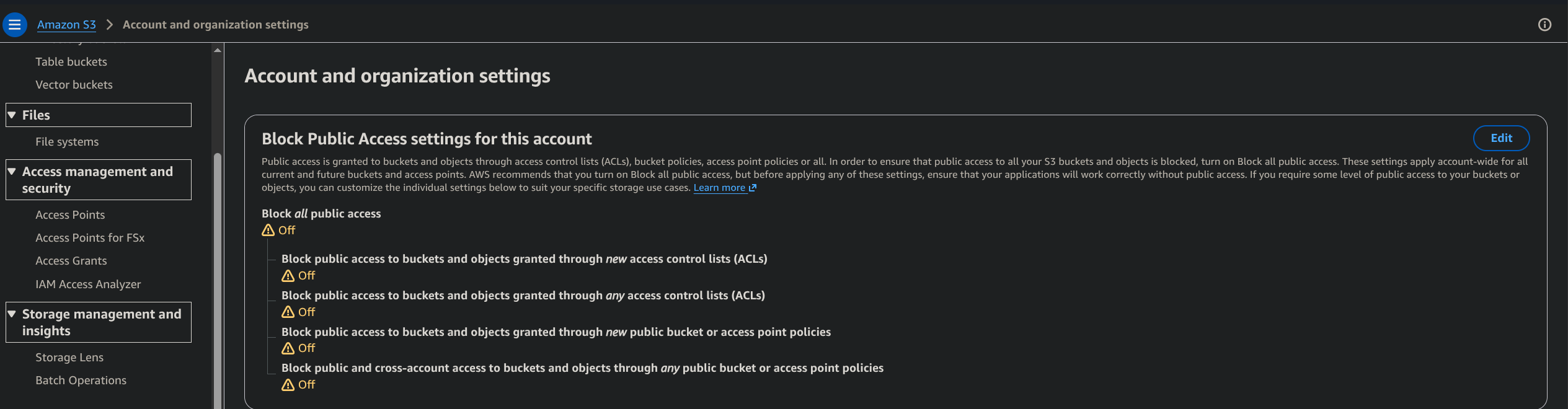 AWS S3 account and organization settings page showing all four Block Public Access flags Off.