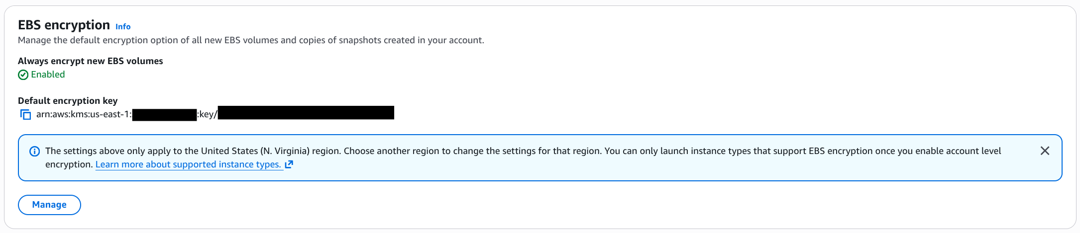AWS EC2 EBS encryption settings showing "Always encrypt new EBS volumes" Enabled, with the default key ARN blacked out.