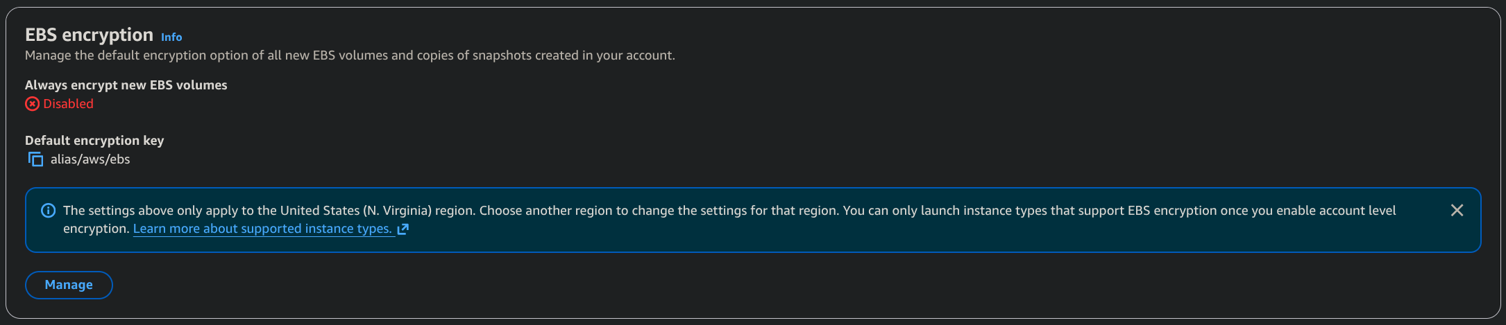 AWS EC2 EBS encryption settings showing "Always encrypt new EBS volumes" Disabled, with the default key alias/aws/ebs.