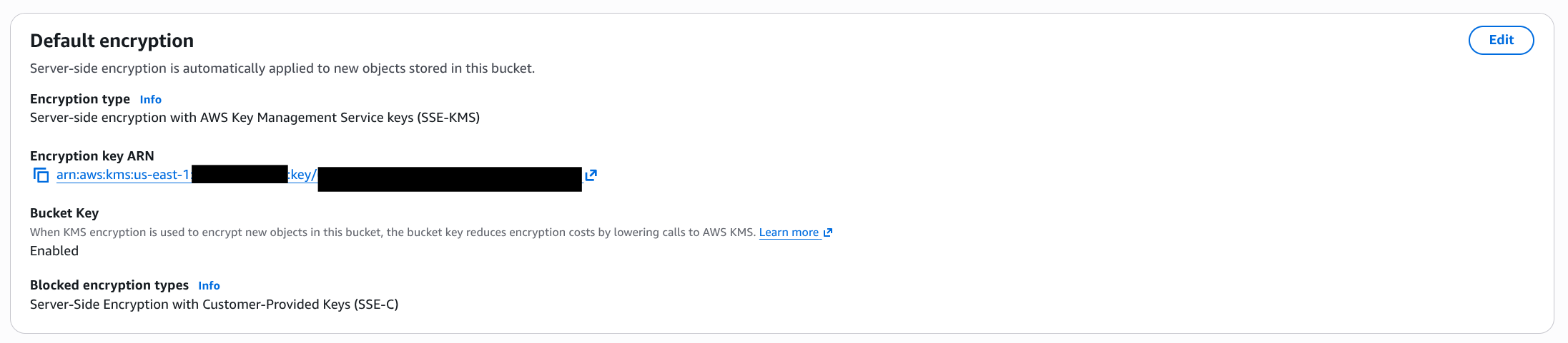 AWS S3 bucket default encryption panel showing SSE-KMS with Bucket Key Enabled, encryption key ARN blacked out.