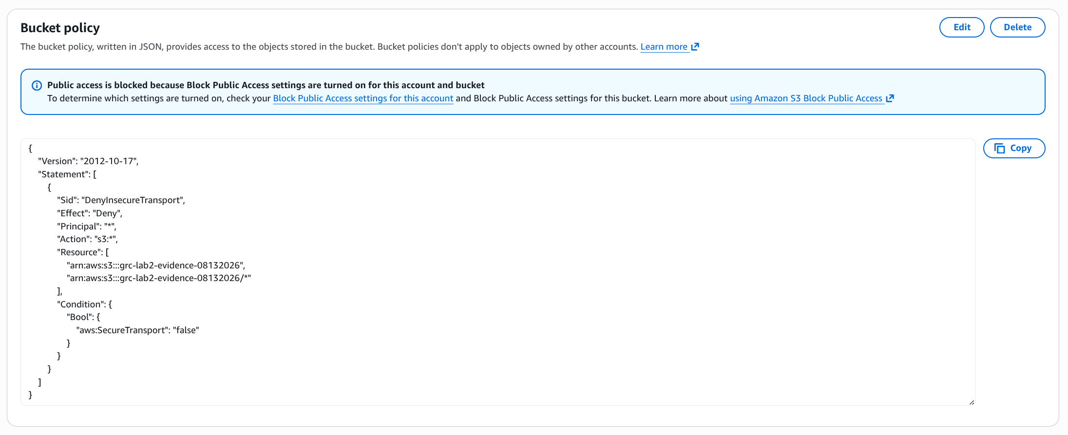 AWS S3 bucket policy JSON editor showing the DenyInsecureTransport statement with a Deny effect on s3:* under the aws:SecureTransport false condition.