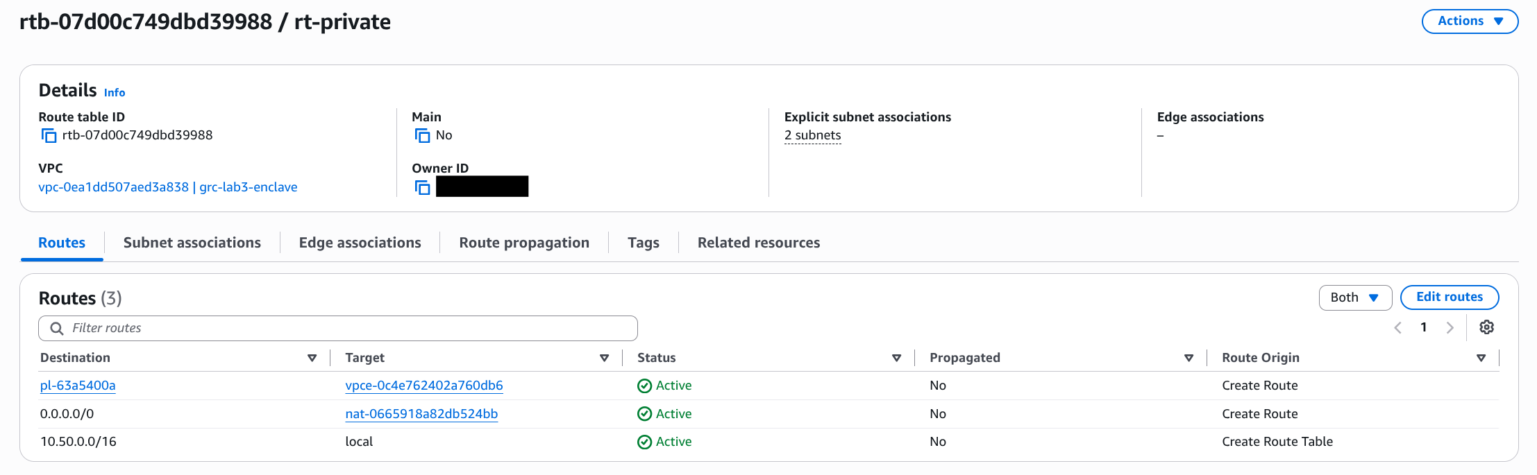 VPC route table rt-private with three active routes: prefix list pl-63a5400a to a gateway endpoint, 0.0.0.0/0 to a NAT gateway, and 10.50.0.0/16 local. No internet gateway target. The owner ID is blacked out.