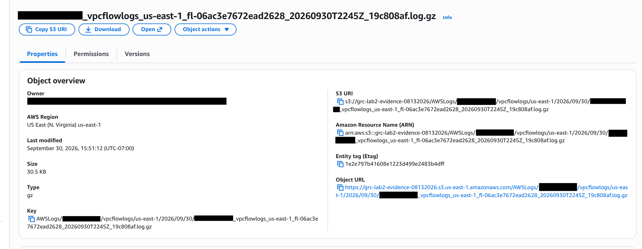 S3 object page for a delivered VPC flow log in bucket grc-lab2-evidence-08132026, object key ending 20260930T2245Z, last modified 2026-09-30 15:51 PDT. The account ID is blacked out in the object key, S3 URI, and ARN.